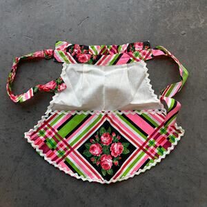 Vintage Y2k Handmade Pink Rose Floral Stripe White Kitchen Cooking Apron S/M